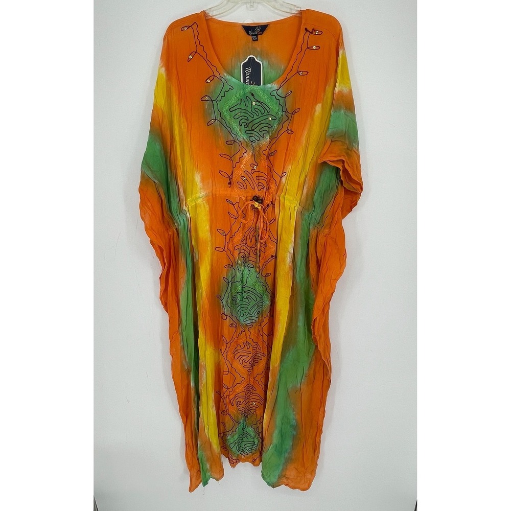 Riviera Sun NWT Women's Orange Tie Dye Embroidered Kaftan Dress Free Size Plus